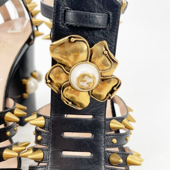 Gucci Black Leather Kendall Studded Pearl Embellished Cage Block Heels EU 39 - Picture 11 of 16